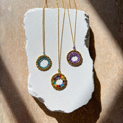 London Blue Quartz, Rainbow Gemstone and Amethyst Mini Gold Mason Circle Necklaces