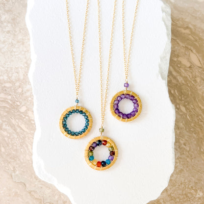 London Blue Quartz, Rainbow Gemstone and Amethyst Mini Gold Mason Circle Necklaces