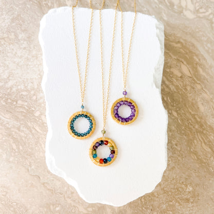 Rainbow Gemstone Mini Mason Circle Necklace