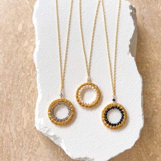 Pearl, Labradorite and Black Spinel Mini Mason Circle Necklaces
