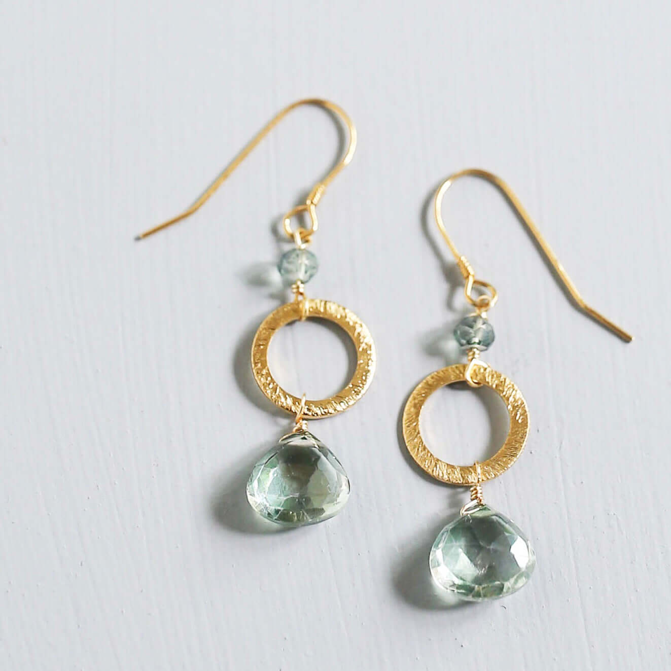 Green Amethyst Gold Drop Earrings