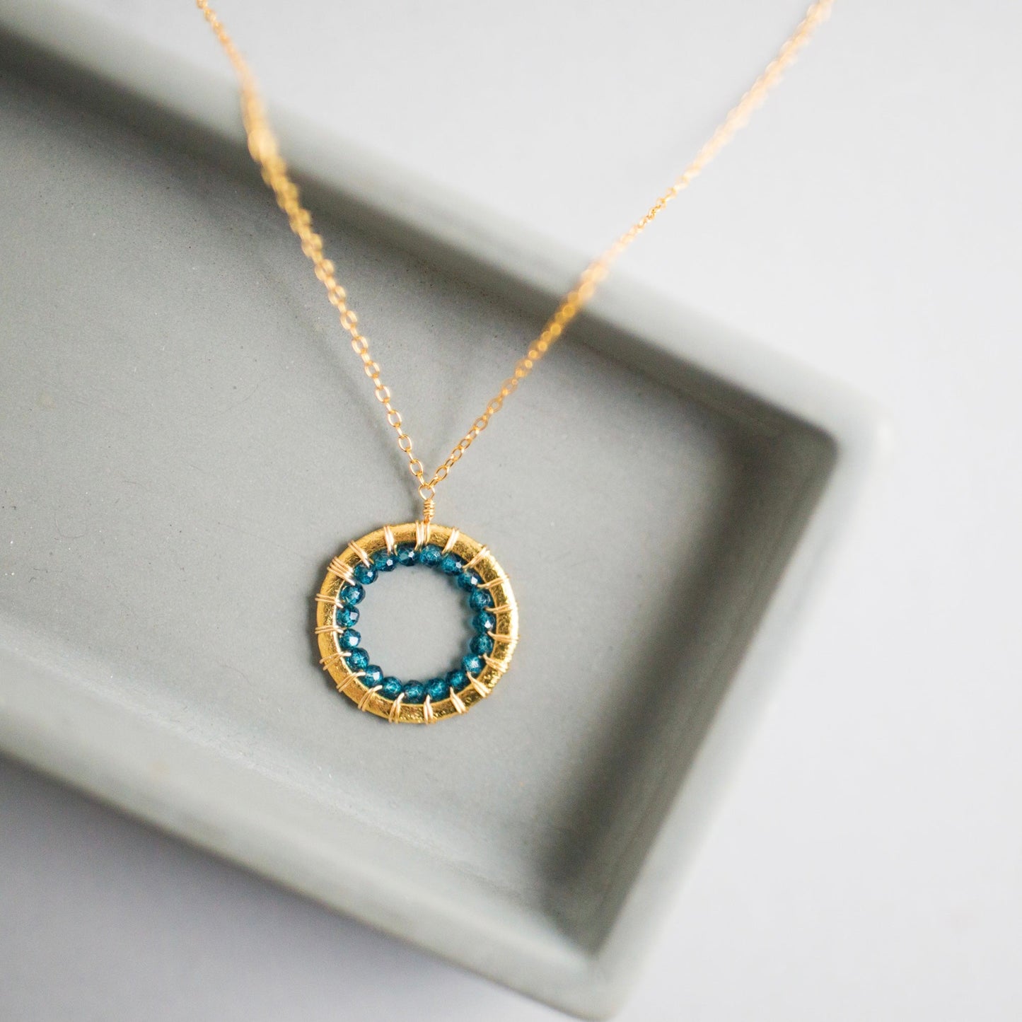 London Blue Quartz, Rainbow Gemstone and Amethyst Mini Gold Mason Circle Necklaces